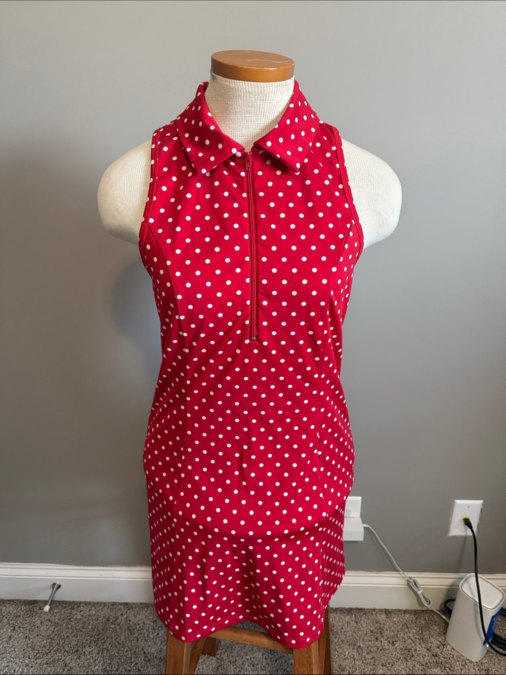 Reformation - Leslie Ecomove Zip Front Active Dress - Red Polka Dot - Size M